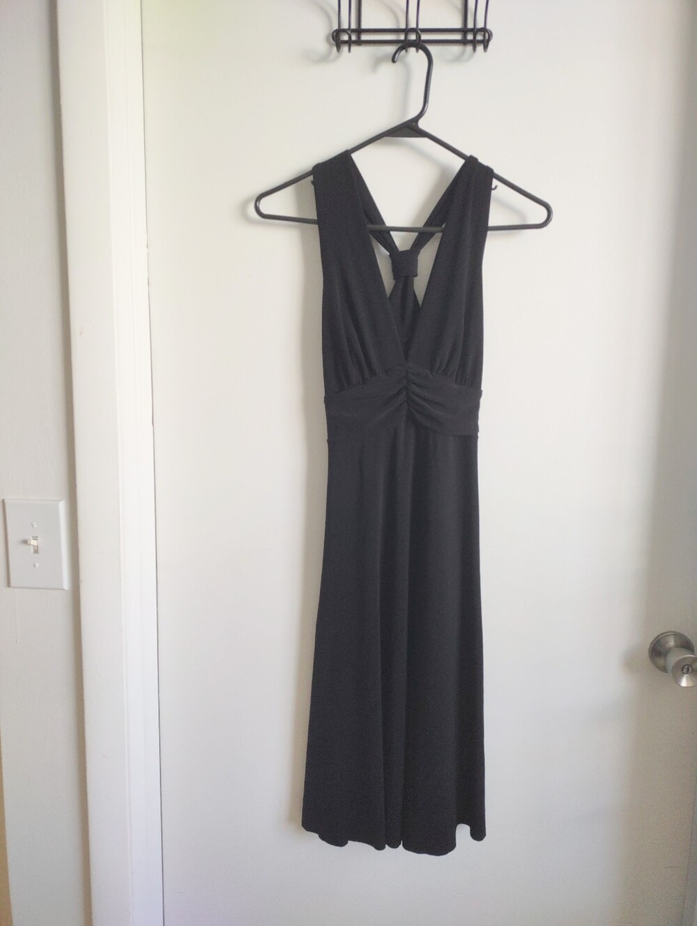 Soprano Black Strapless V-Neck Ruched Waist Evening Dress
